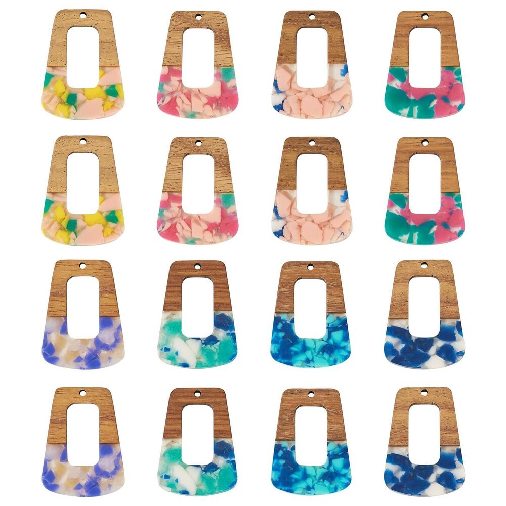 5808 16Pcs Resin Walnut Pendants Hollow Trapezoid Resin Wood Earring Charms